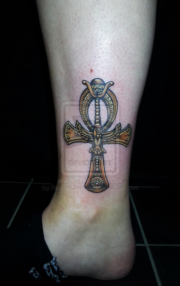Awesome Colored Ankh Tattoo On Side Leg