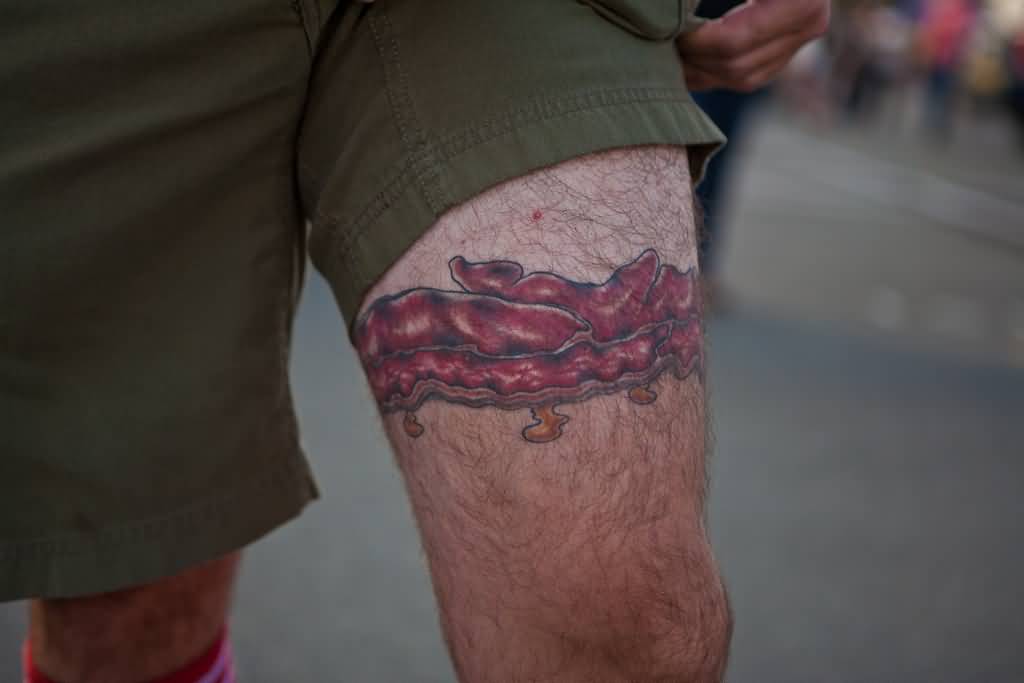 Bacon Tattoo On Left Thigh For Men