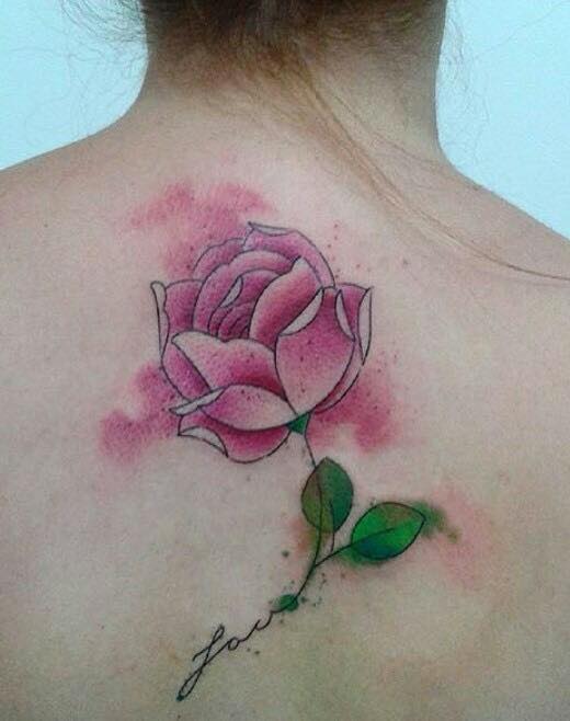 Beautiful Pink Rose Tattoo On Upper Back For Girls