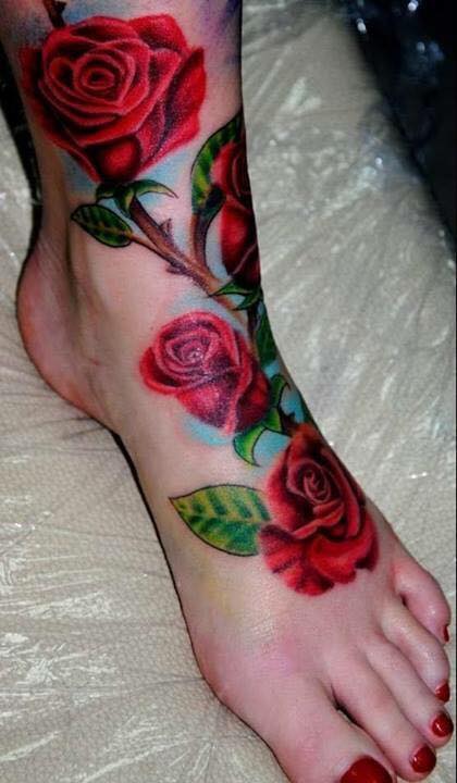Beautiful Red Rose Tattoos On Girl Left Foot