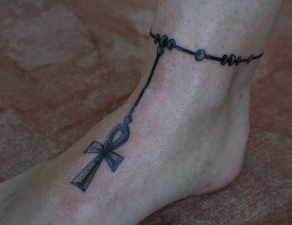 Black And Grey Ankh Tattoo On Ankle