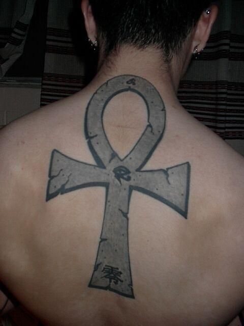 Black And Grey Ankh Tattoo On Back