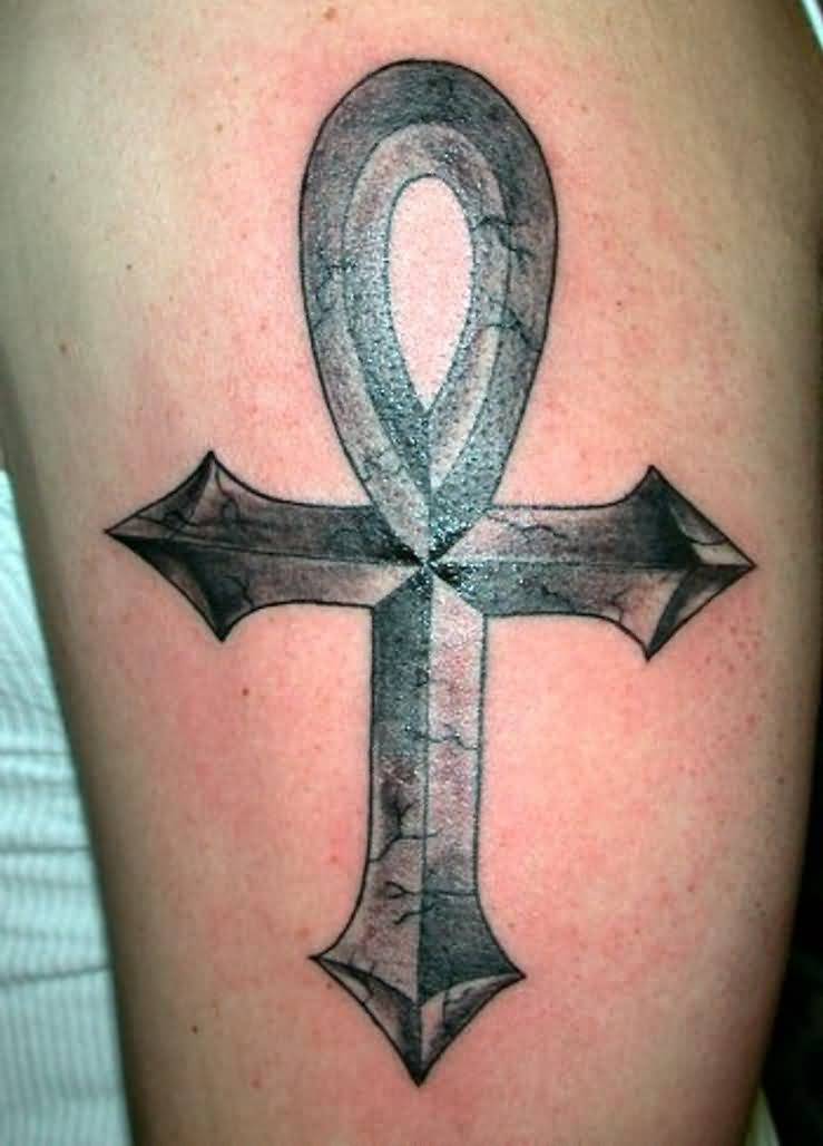 Black And Grey Ankh Tattoo On Left Bicep