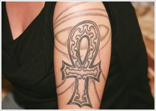 Black And Grey Ankh Tattoo On Left Half Sleeve