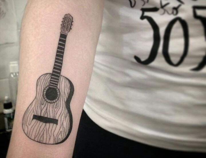 Black And Grey Guitar Tattoo On Right Forearm