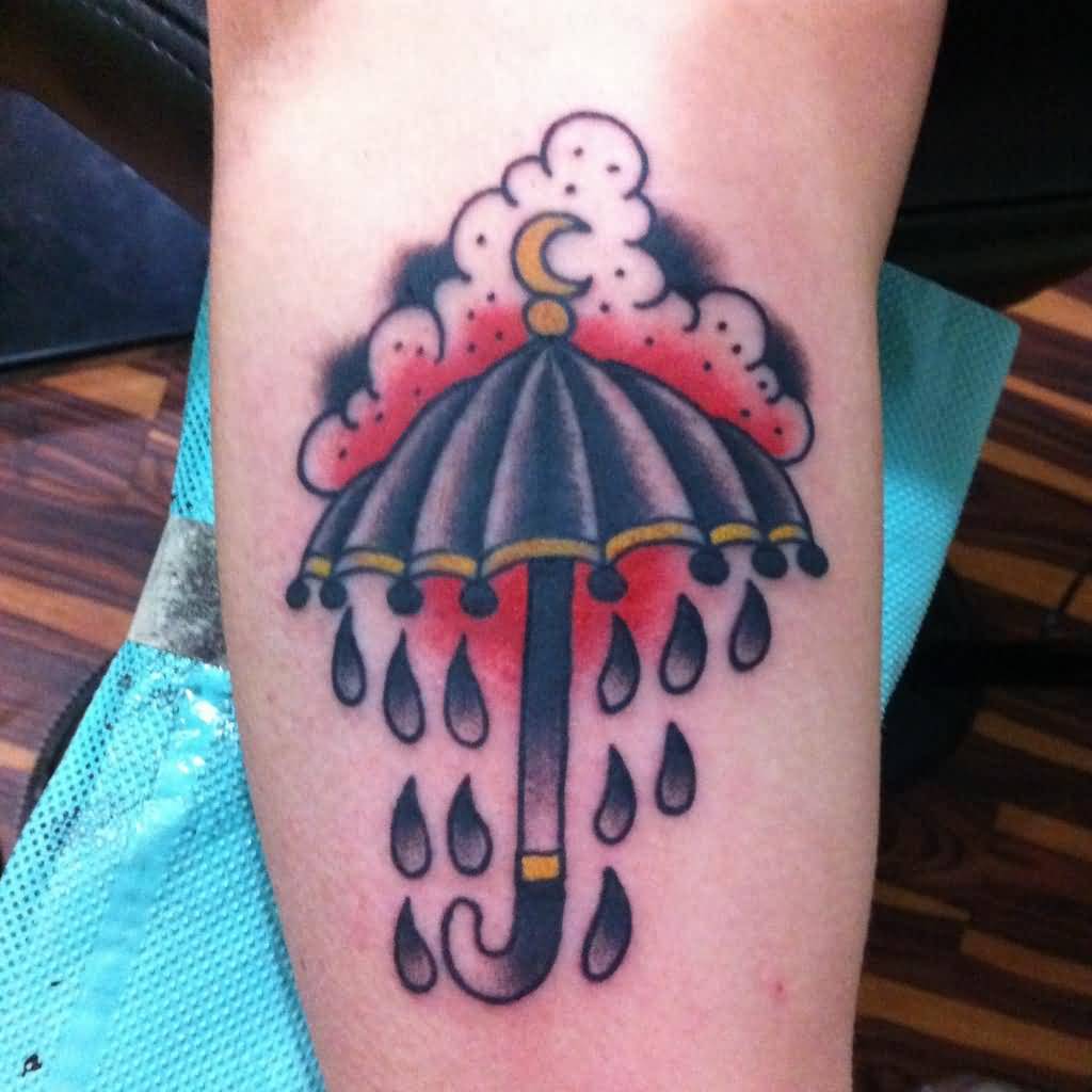 Black And Grey Umbrella Tattoo On Bicep