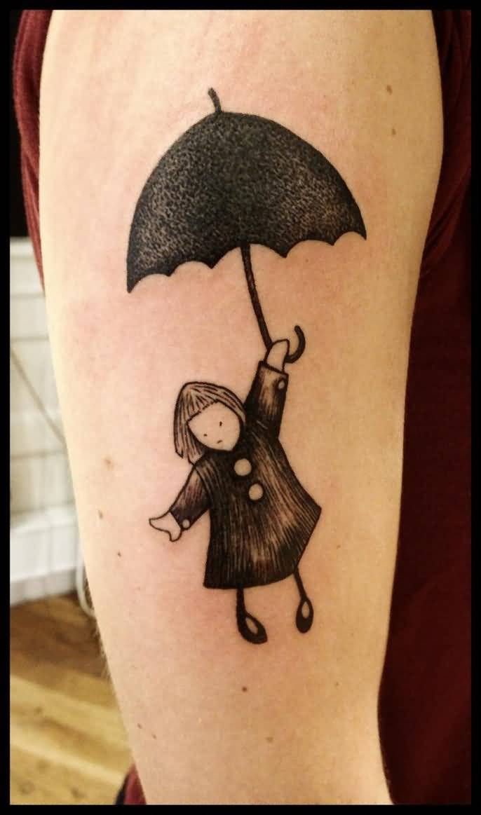 Black And Grey Umbrella Tattoo On Right Half Sleeve