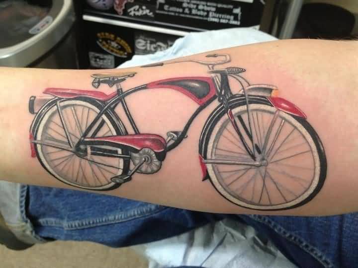 Black And Red Ink Bicycle Tattoo On Arm