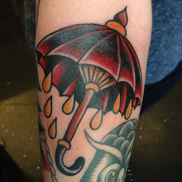 Black And Red Umbrella Tattoo On Arm Sleeve