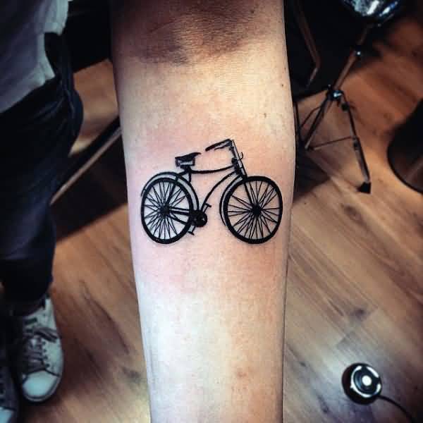 Black Ink Bicycle Tattoo On Left Forearm