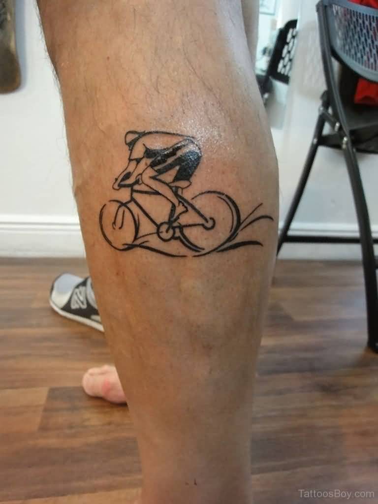 Black Ink Outline Bicycle Tattoo On Side Leg