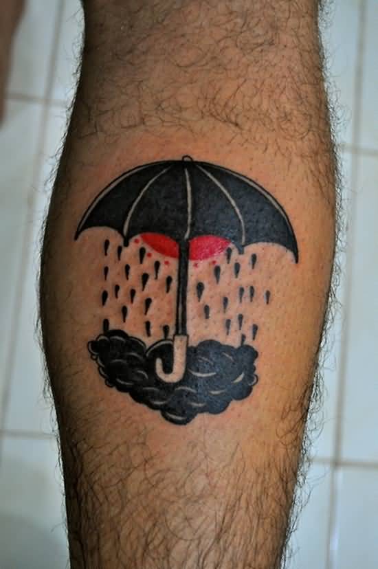 Black Ink Umbrella Tattoo On Leg Calf