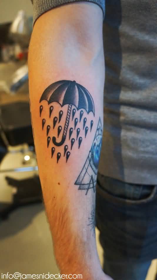Black Ink Umbrella Tattoo On Right Sleeve