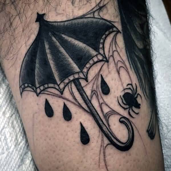 Black Spider Under Umbrella Tattoo