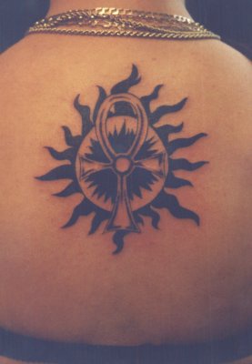 Black Tribal Sun Ankh Tattoo On Upper Back