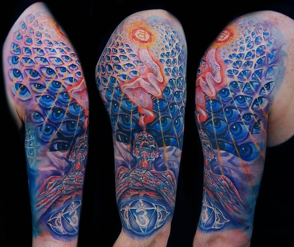 Blue Ink Alex Grey Tattoo Design For Half Sleeve
