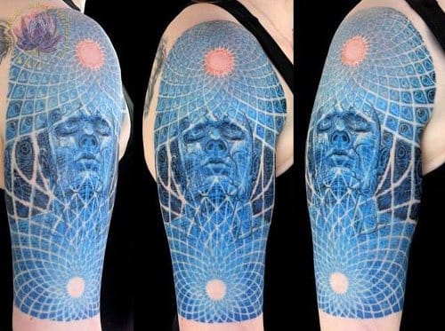 Blue Ink Alex Grey Tattoo On Half Sleeve