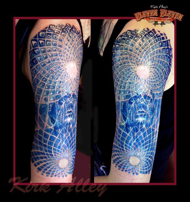 Blue Ink Alex Grey Tattoo On Left Half Sleeve