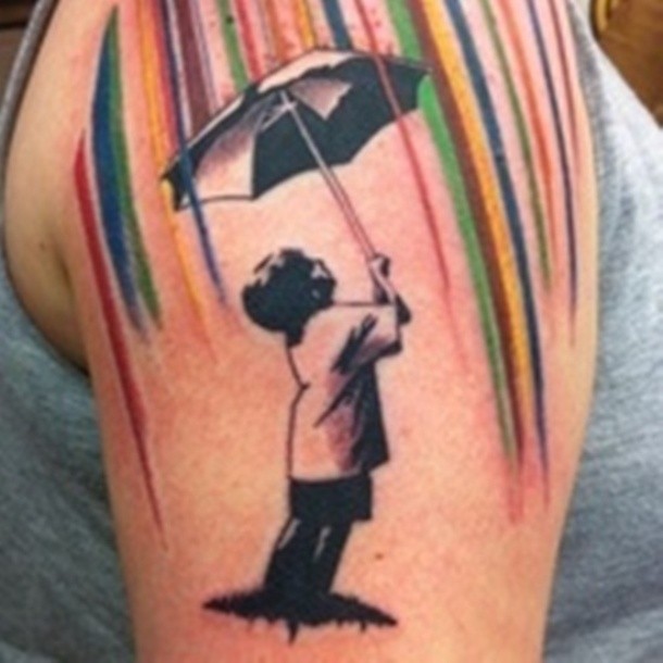 Boy In Rain With Umbrella Watercolor Tattoo
