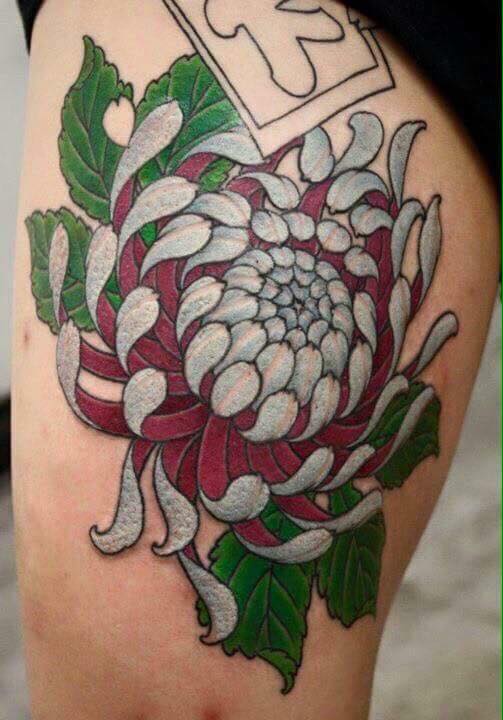 Chrysanthemum Tattoo On Side Thigh
