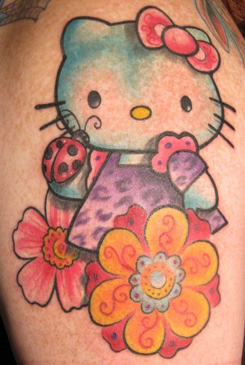 Color Flowers And Hello Kitty Tattoo