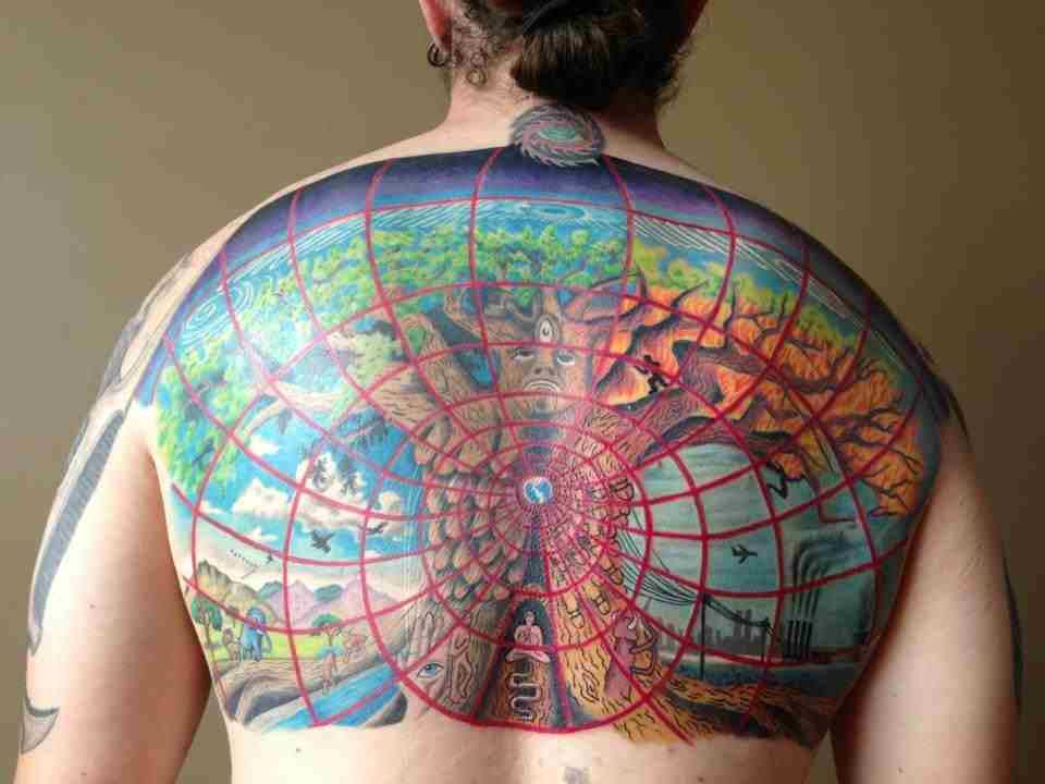 Colored Alex Grey Tree Tattoo On Full Back by Carlos Fernandez