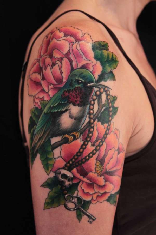 Colored Bird And Flowers Tattoo On Half Sleeve