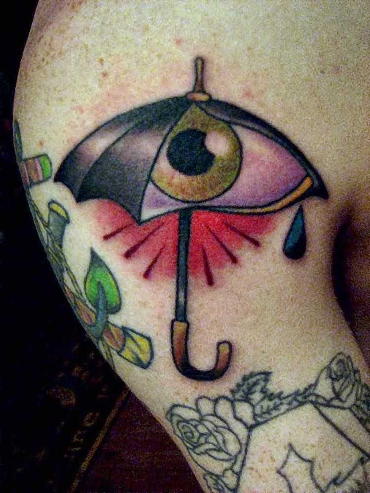 Colored Eye Umbrella Tattoo On Shoulder