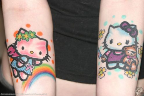 Colored Hello Kitty Tattoos On Both Forearm