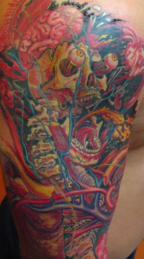 Colored Skull Alex Grey Tattoo On Half Sleeve