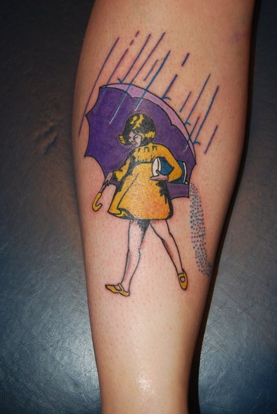 Colored Umbrella Girl Tattoo On Leg
