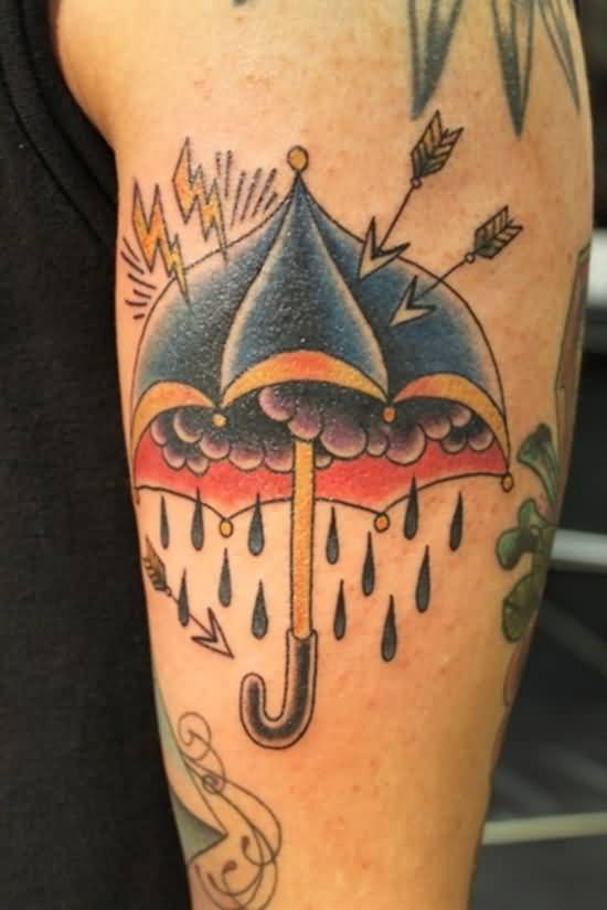Colored Umbrella Tattoo On Left Bicep
