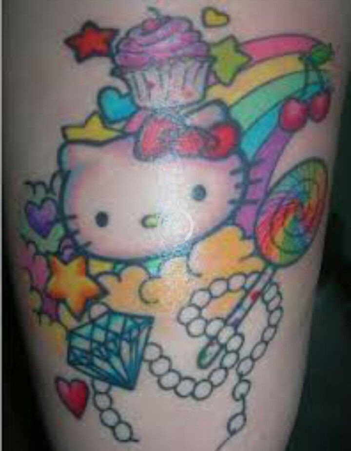 Colorful Hello Kitty Tattoo On Leg