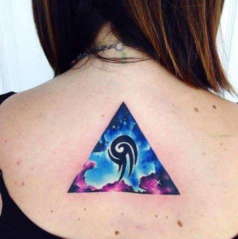 Colorful Triangle Tattoo On Girl Upper Back