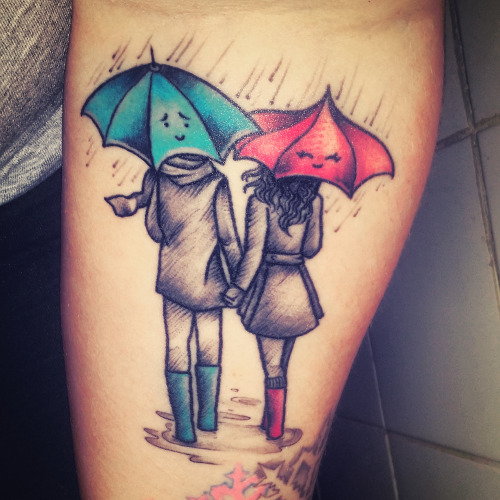 Couple In Rain Under Umbrella Tattoo