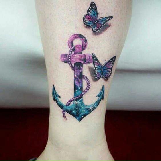 Cute Anchor And Butterflies Tattoos On Leg