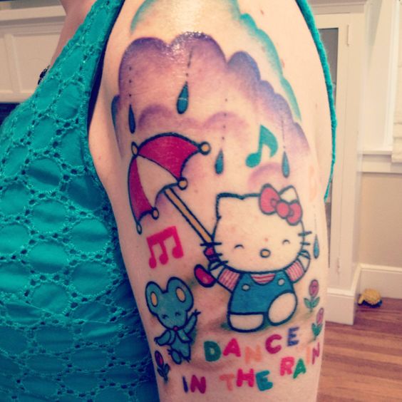 Cute Hello Kitty With Umbrella Tattoo On Left Half Sleeve