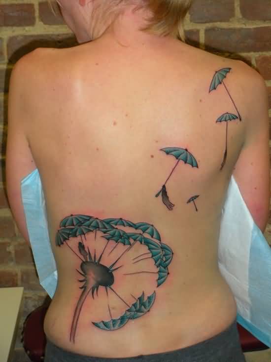 Dandelion Puff And Flying Simple Umbrella Tattoos On Full Back