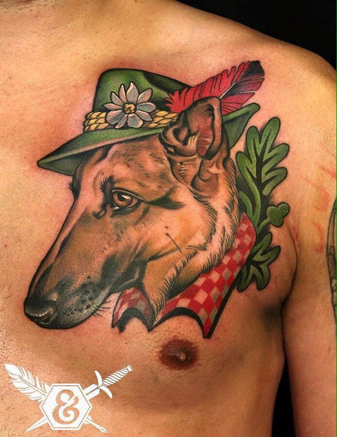Dog With Hat Tattoo On Man Chest