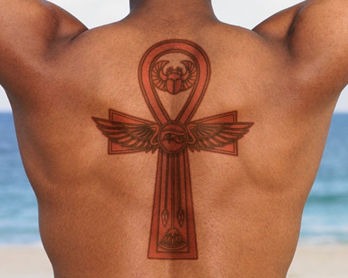 Egyptian Ankh Tattoo On Upper Back