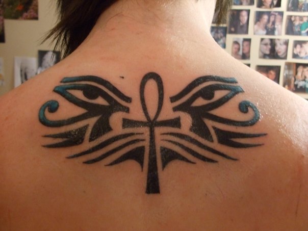 Egyptian Eyes And Ankh Tattoo On Upper Back