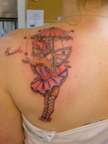 Fairy Girl With Umbrella Tattoo On Left Back Shoulder