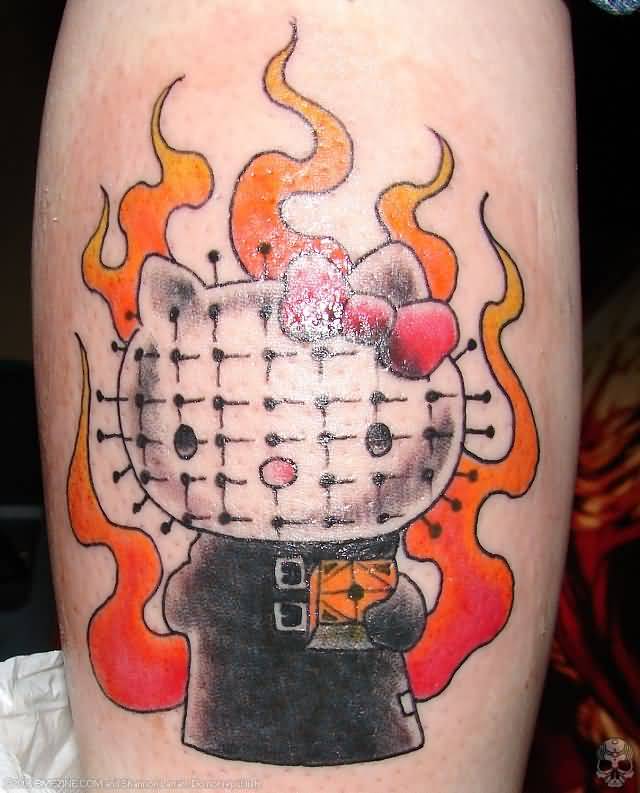 Flaming Hello Kitty Tattoo On Leg