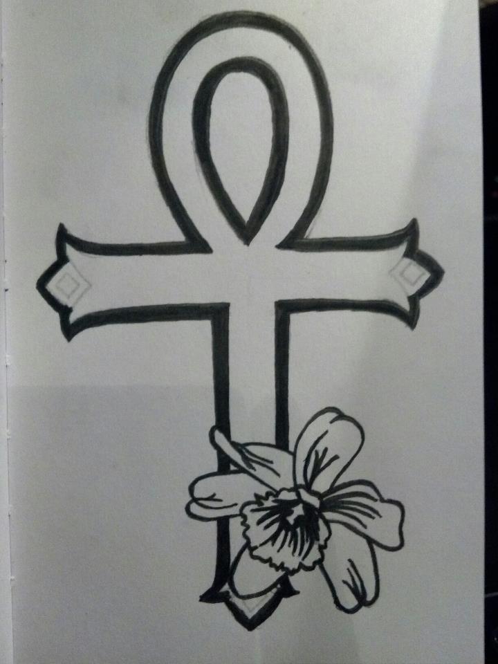 Flower And Outline Ankh Tattoo Design