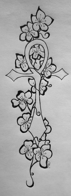 Flowers And Outline Ankh Tattoo Design
