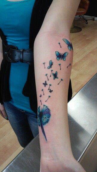Flying Butterflies And Dandelion Puff Tattoo On Left Forearm