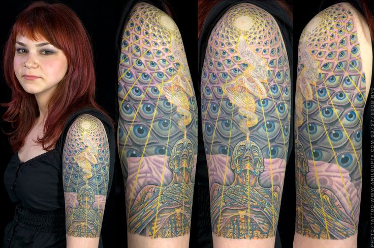Girl With Alex Grey Tattoo On Half Sleeve