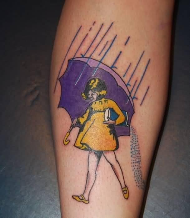 Girl With Purple Umbrella Tattoo On Leg