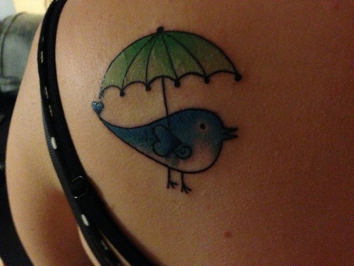 Green Umbrella With Bird Tattoo On Back Shoulder
