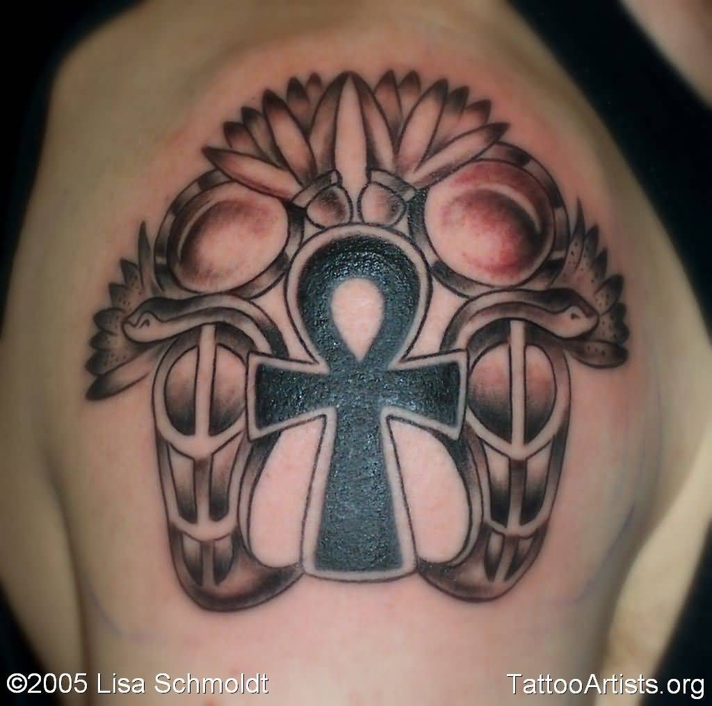 Grey And Black Ankh Tattoo On Shoulder